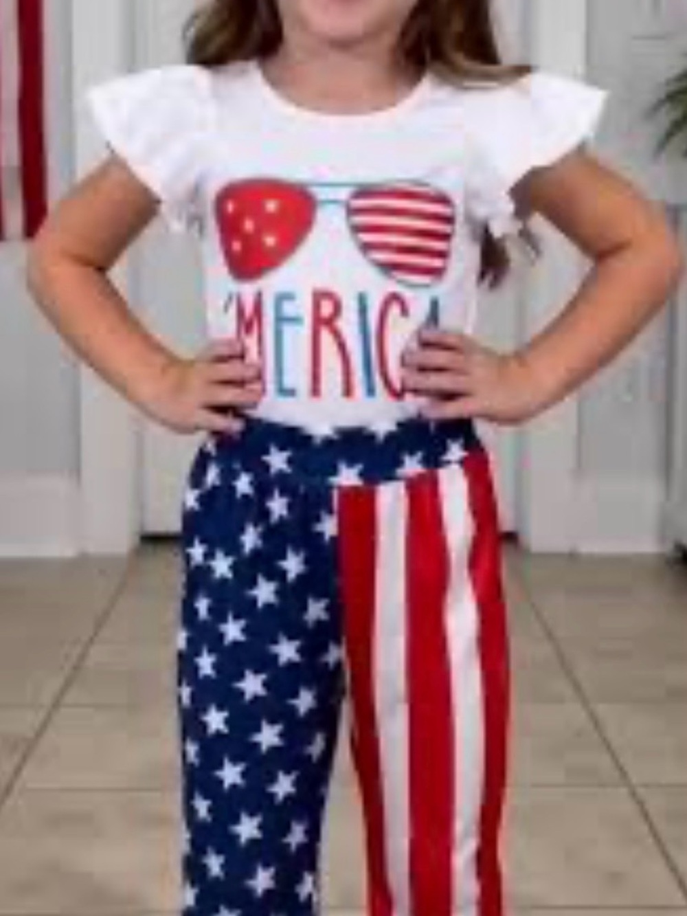 Kids' Red, White & Blue Flag Print Pants- Patriotic Stars & Stripes set size 100